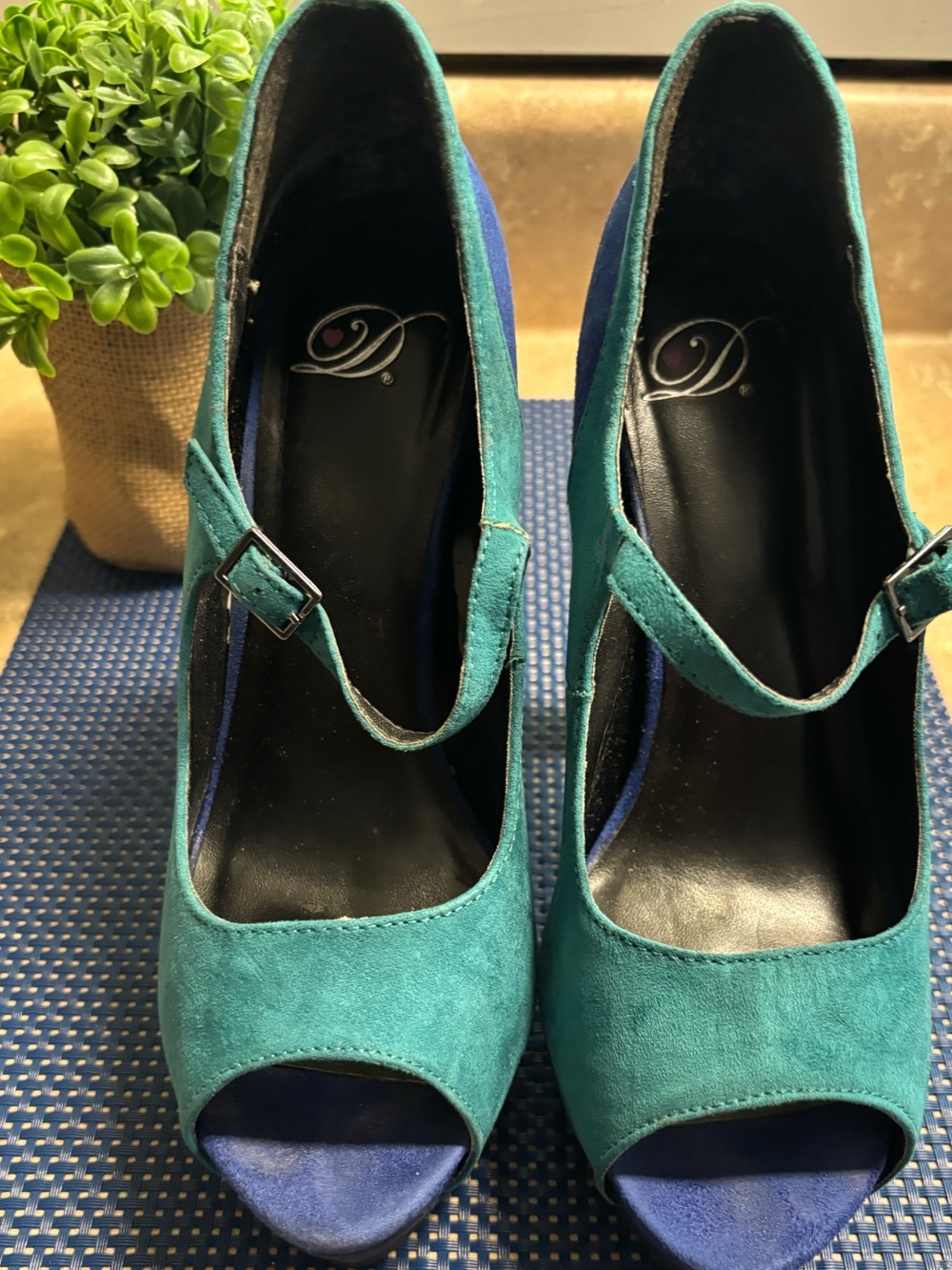 Delicious Teal and Royal Blue Suede Mary Jane Peep-Toe Heels